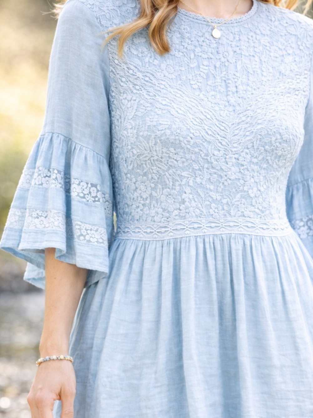 Umgee Blue Lace Boho‎ Dress M Embroidered Babydoll Flutter Sl